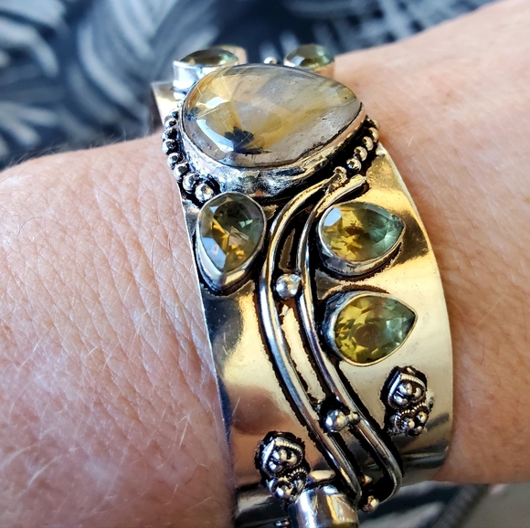 New Golden Rutile and Citrine 925 Silver Cuff Bracelet. - Picture 4 of 16